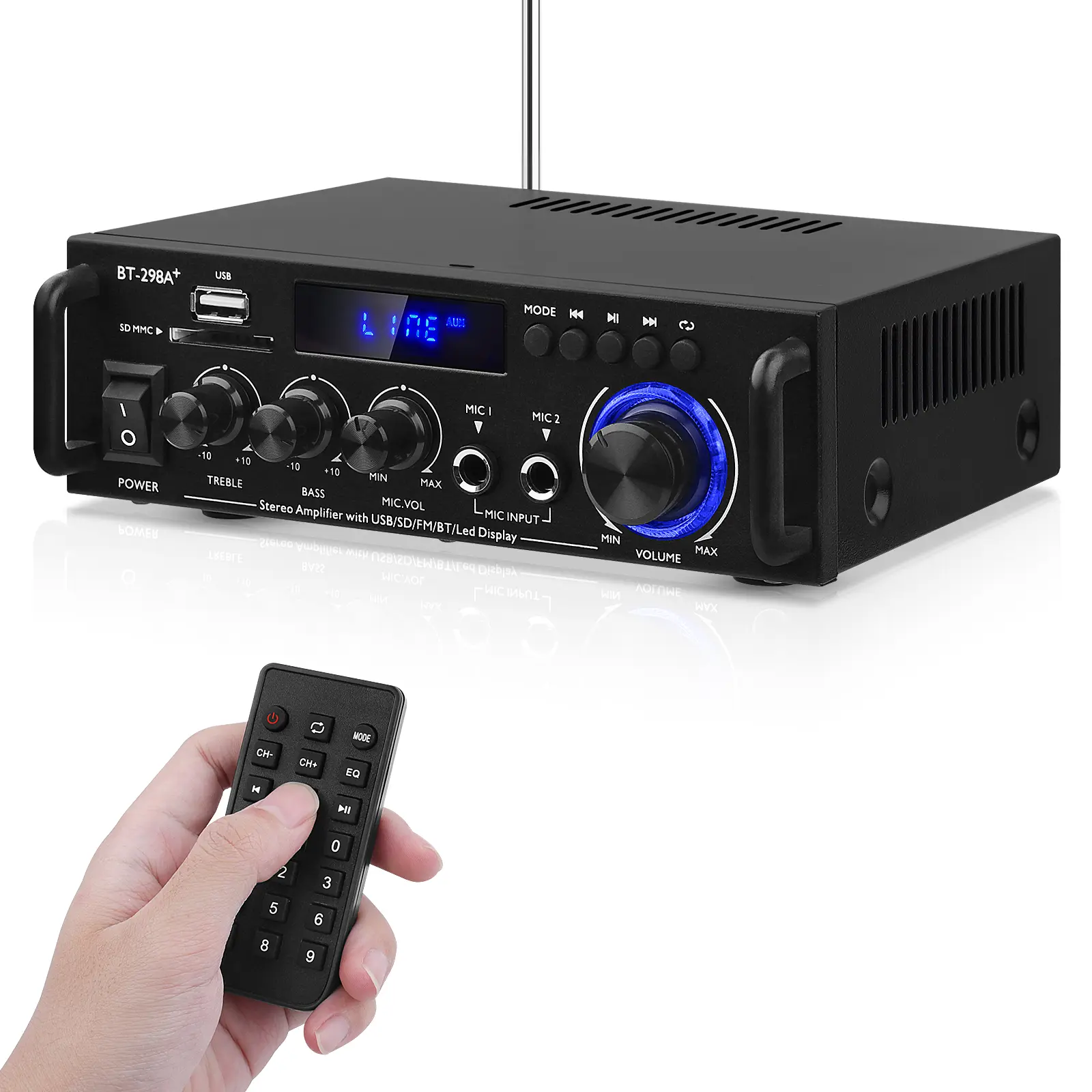 AEXCVG BT-298A+ HiFi Stereo Power Amplifier System - 40Wx2 Bluetooth Receiver with MIC, SD, USB, AUX, FM, Remote Control for Karaoke, Home Theater (External Audio Component, Stereo Module, Speaker Amplifier)
