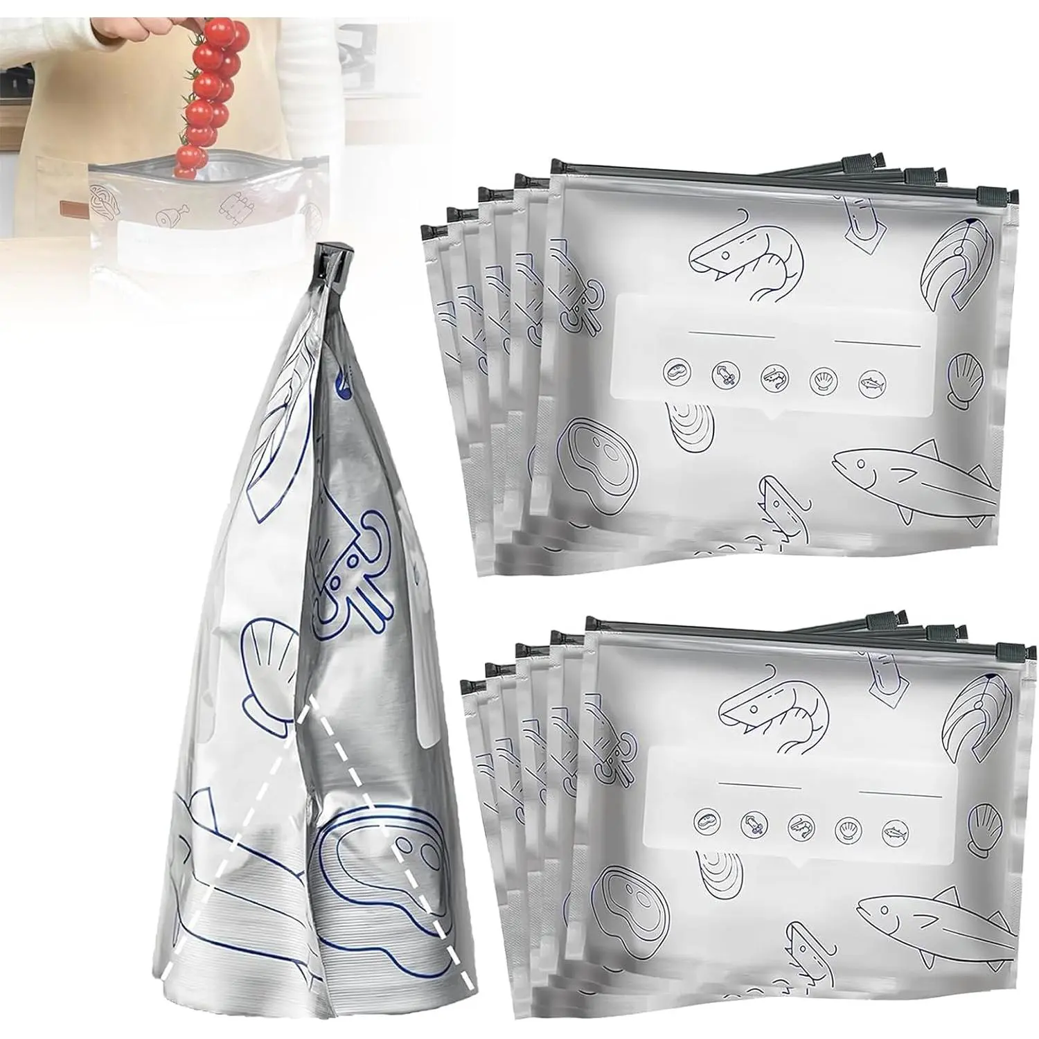 Reusable Aluminum Foil Food Storage Bags Vacuum Zipper Bags Stand-Up with Label 30Pcs 3Sizes