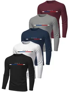 Men's Long Sleeve T-Shirt Set, Breathable Polyester Fabric, Paris Print Design, Regular Fit, Casual, Streetwear, Spring & Fall Wear, Geometric Pattern, Casual Fashion Comfy