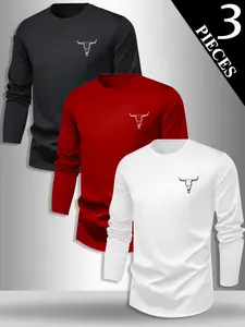 Men's 3-Pack Bull Head Graphic Print Long Sleeve Round Neck T-Shirt, Casual Versatile Fitted Bottom Layer Clothing