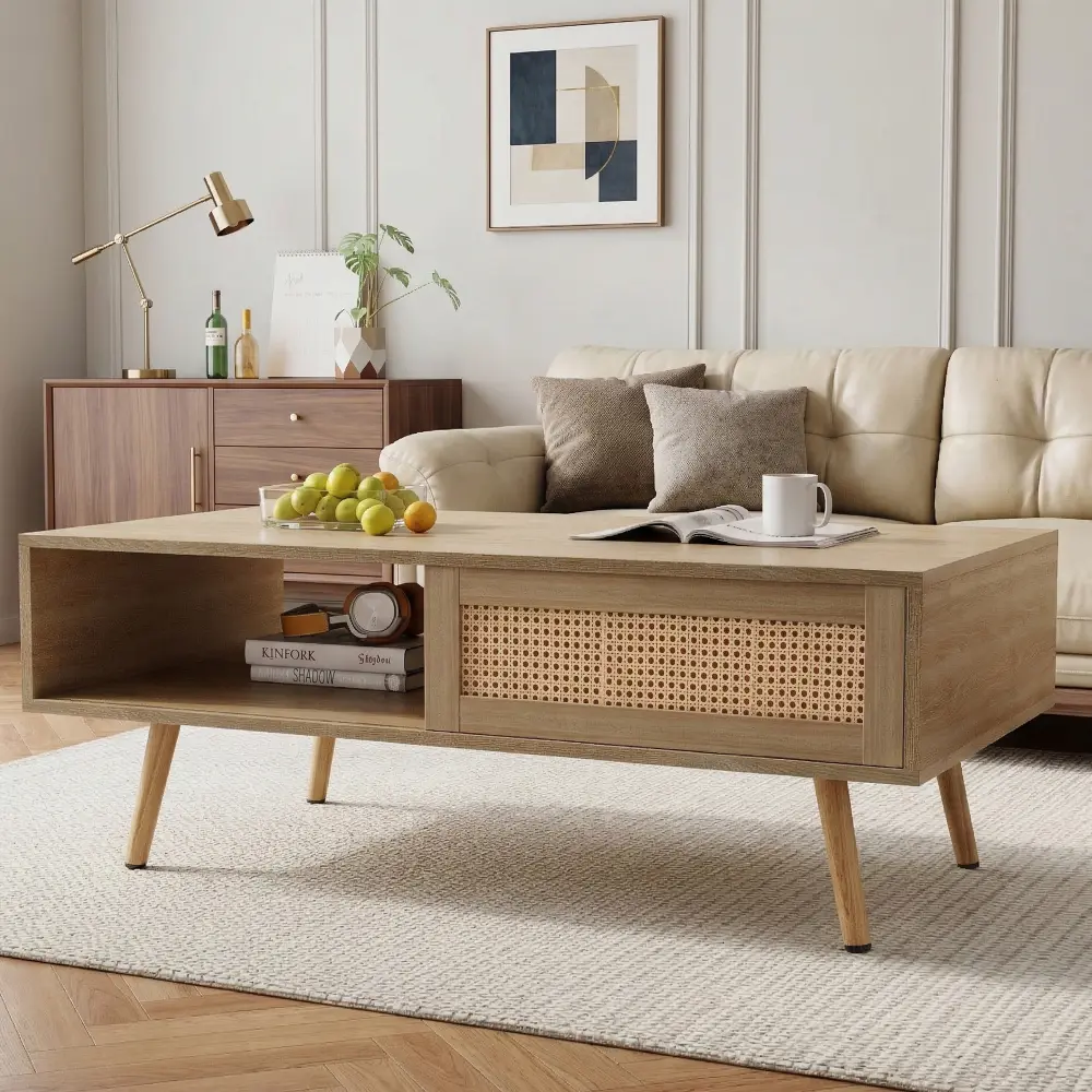 41.34" Rectangle Natural Rattan Coffee Table - Living Room Tables with Sliding Door Storage, Solid Wood Legs, Easy Setup, Accessories & Tools Included, Assembly Required, Accessories And Tools