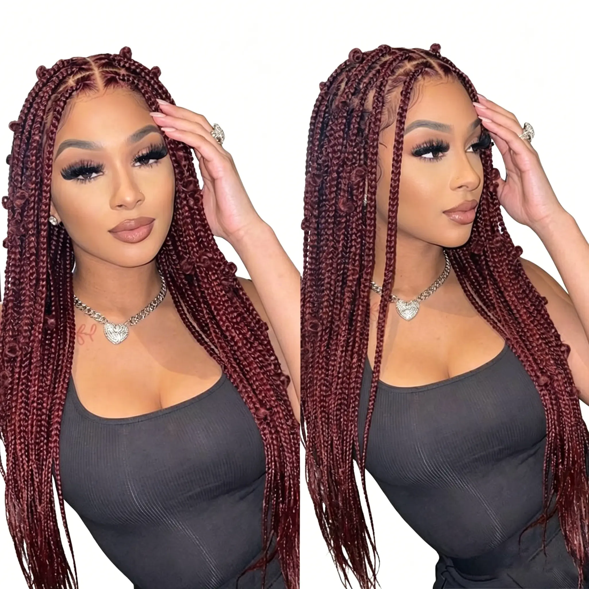 Synthetic Butterfly Braided Wigs Bohemian 36 inches Full Lace Cornrow Braids Wigs Burgundy Color Knotless Box Braided Wig For Black Women