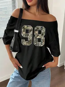 Women's Summer Tree Print Slim Fit Casual Streetwear Loose Shoulder Cut Out T-Shirt, Short Sleeve, Figure Pattern, Versatile Top, Womenswear