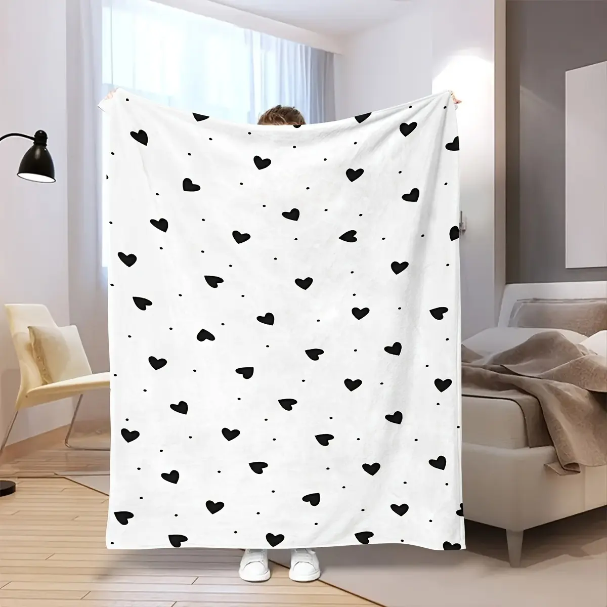 Black and White Heart Pattern Flannel Blanket - Boneless Plush, Buttery Soft Fluffy Throw, Multi-Size Bedroom Bedding & Home Decor, Customized Valentine Gifts for Girlfriend, Customized Gifts, Fluffy Blankets
