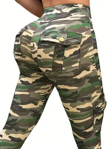 Women's Camo Print Pocket High Waist Sports Leggings, Side Pocket Leggings, Casual Comfy Breathable Skinny Pants for Yoga Gym Workout Running, Ladies Sportswear for All Seasons