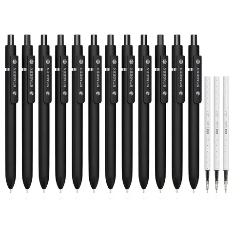 STAGEEK GX3 Series Fine 0.7mm Black Ink Pen Set (12ct) - Fast-Drying Ink, Ergonomic Grip, Durable Pen Clip, 3 Extra Refills, Office Stationery for School Note Taking