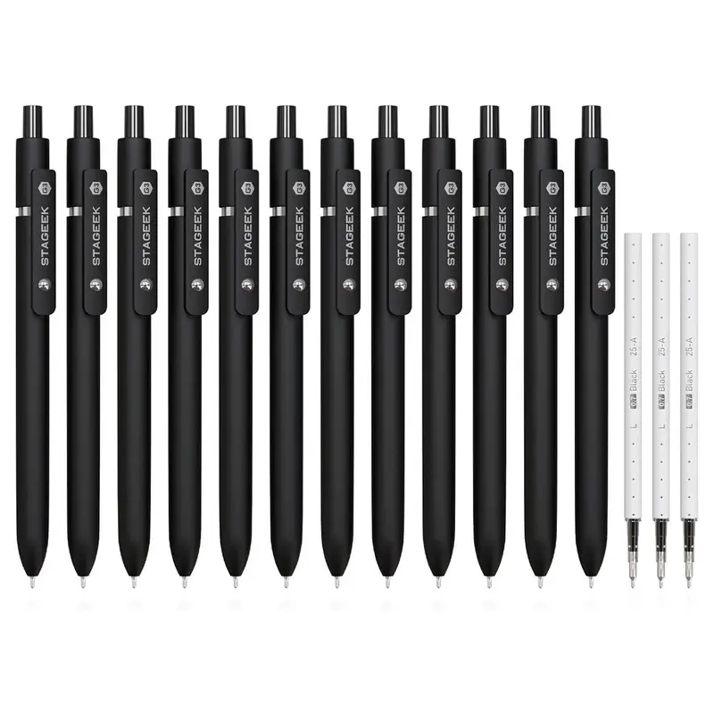 STAGEEK GX3 Series Fine 0.7mm Black Ink Pen Set (12ct) - Fast-Drying Ink, Ergonomic Grip, Durable Pen Clip, 3 Extra Refills, Office Stationery for School Note Taking