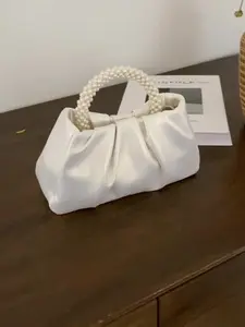 White Satin Ruched Clutch Bag – Elegant Pearl Handle Evening Bag for Weddings & Formal Events