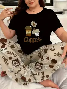 Cute Coffee Dessert Print Women's Round Neck T-Shirt, Soft and Comfortable, Casual Fitted Style, Daily Wear, Home Fashion