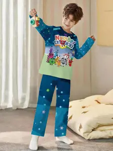 Digital building blocks Numberblocks Enlightenment 2-piece set: boys' digital printed, Cartoon print long-sleeved pajamas with extended pants, made of flame-retardant fabric, suitable for sleeping and home