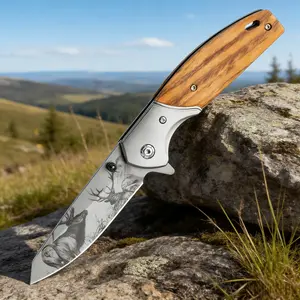 1 piece folding knife, solid wood handle, deer pattern blade, high hardness small folding knife, pocket knife, fruit knife, male and female gifts