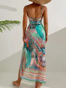 Women's All Over Print Tie Back Cami One-piece Swimsuit & Cover Up Skirt Set, Swimsuit for Women, Casual Fashion Swimwear Set for Beach Holiday Vacation, Outdoor Clothing, Ladies Swimsuit for All Seasons, Swimwear Coverups