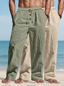 2-piece Men's New Trendy and Fashionable Straight-leg Linen Pants, Casual Relaxed Fit, Loose, Corset, Solid Color with Drawstrings and Multi-button Design - Q, Light, Breathable, Casual, Fitness, Travel, Outdoor Beach Linen Pants, Casual Sport Trousers