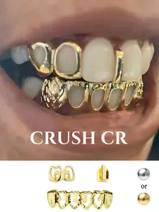 CRUSH CR Hip Hop Diamond-Cut Fang Grillz Set, Gold/Silver Plated Teeth Caps with Heart & Star Details, Bold Statement Dental Jewelry for Rappers, Studio Sessions, Concerts and Urban Streetwear