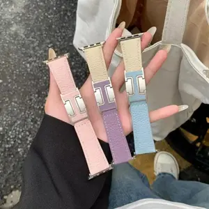 Lychee Grain Genuine Leather Watch Band with Magnetic Clasp Replacement Loop Strap Compatible with Apple Watch Series 11 10 9 Ultra 2 SE Men Women