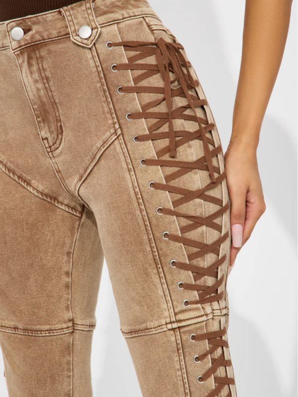 Women’s Lace-Up Flare Pants – High Waist Vintage Stretchy Bell Bottom Jeans