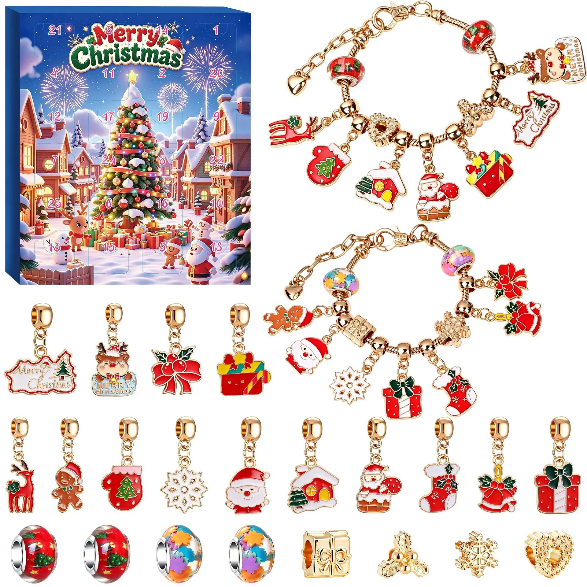 Christmas Advent Calendar 24 Days Countdown, DIY Charm Bracelet Making Kit, Xmas Surprise Blind Box Jewelry Set, Christmas Holiday Gifts for Kids Girls