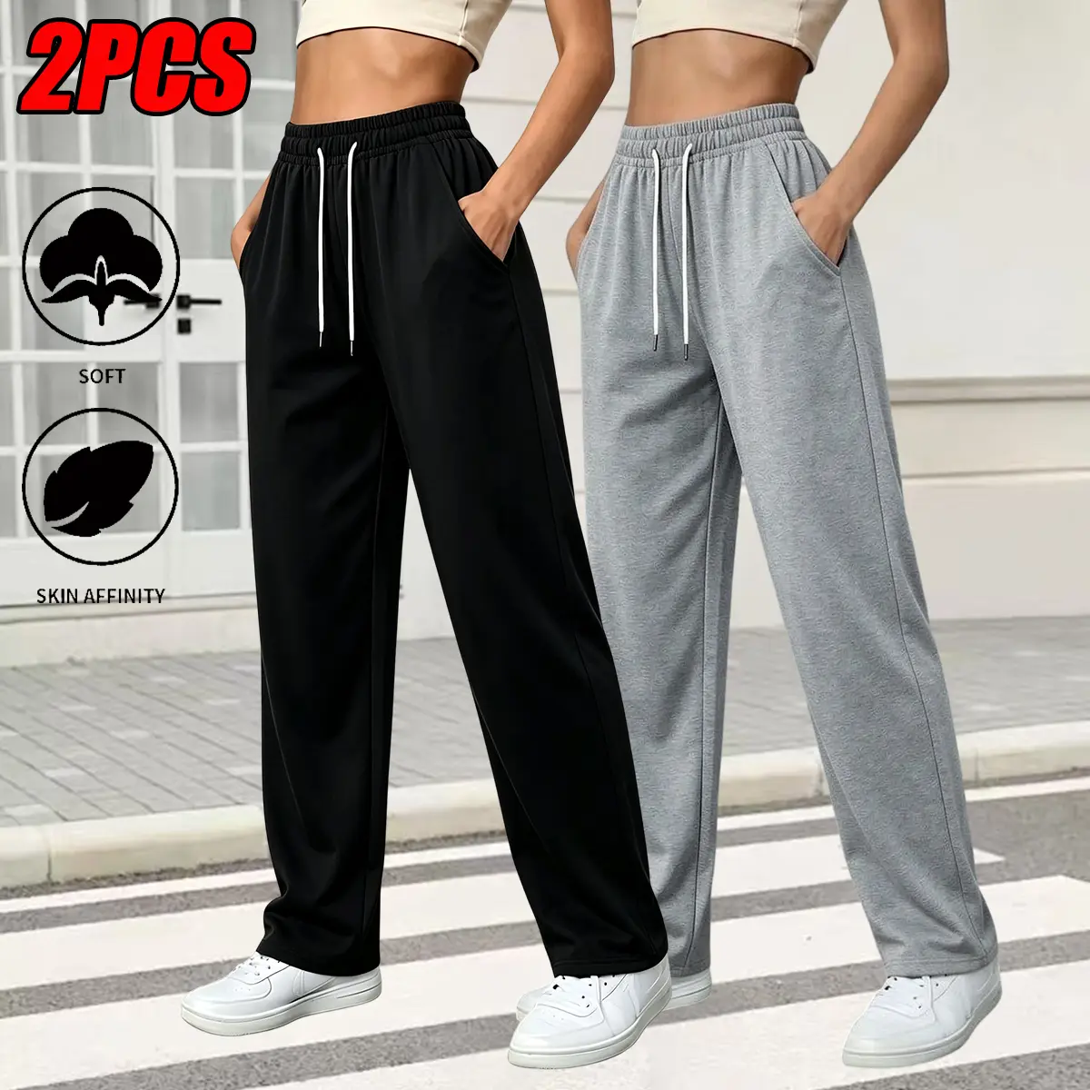 2-Pack Women’s Mid-Waist Straight-Leg Sweatpants, Contrasting White Drawstring Elastic Waistband with Generous Side Pockets, Smooth, Stretchable, Durable Polyester Fabric, Lightweight and Breathable, Wrinkle-Resistant Casual Loungewear for Gym, Work, Erra
