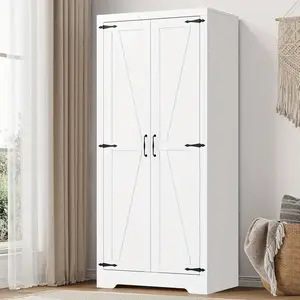 70.8" Wooden Wardrobe Cabinet, Independent Metal Clothing Storage Cabinet with Hanging Rod, Two - Door Wardrobe Cabinet, Adjustable Bookshelf for Bedroom, Living Room, Laundry Room and Walk - in Closet