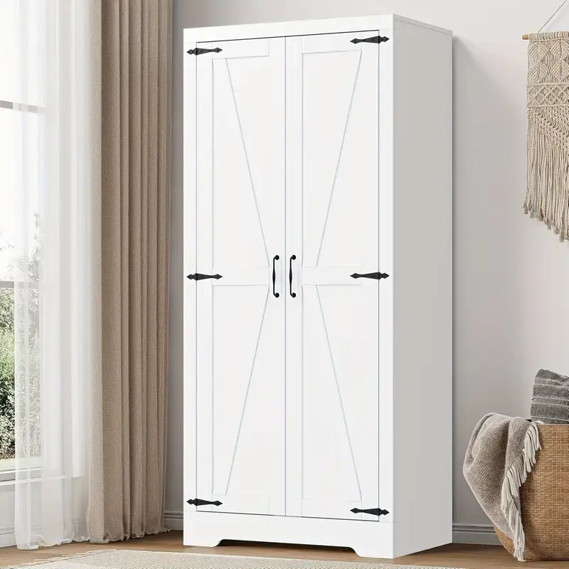 70.8" Wooden Wardrobe Cabinet with Independent Metal Storage, Two-Door Design, Adjustable Bookshelf, Anti-Tipping, Easy Assembly for Bedroom & Living Room