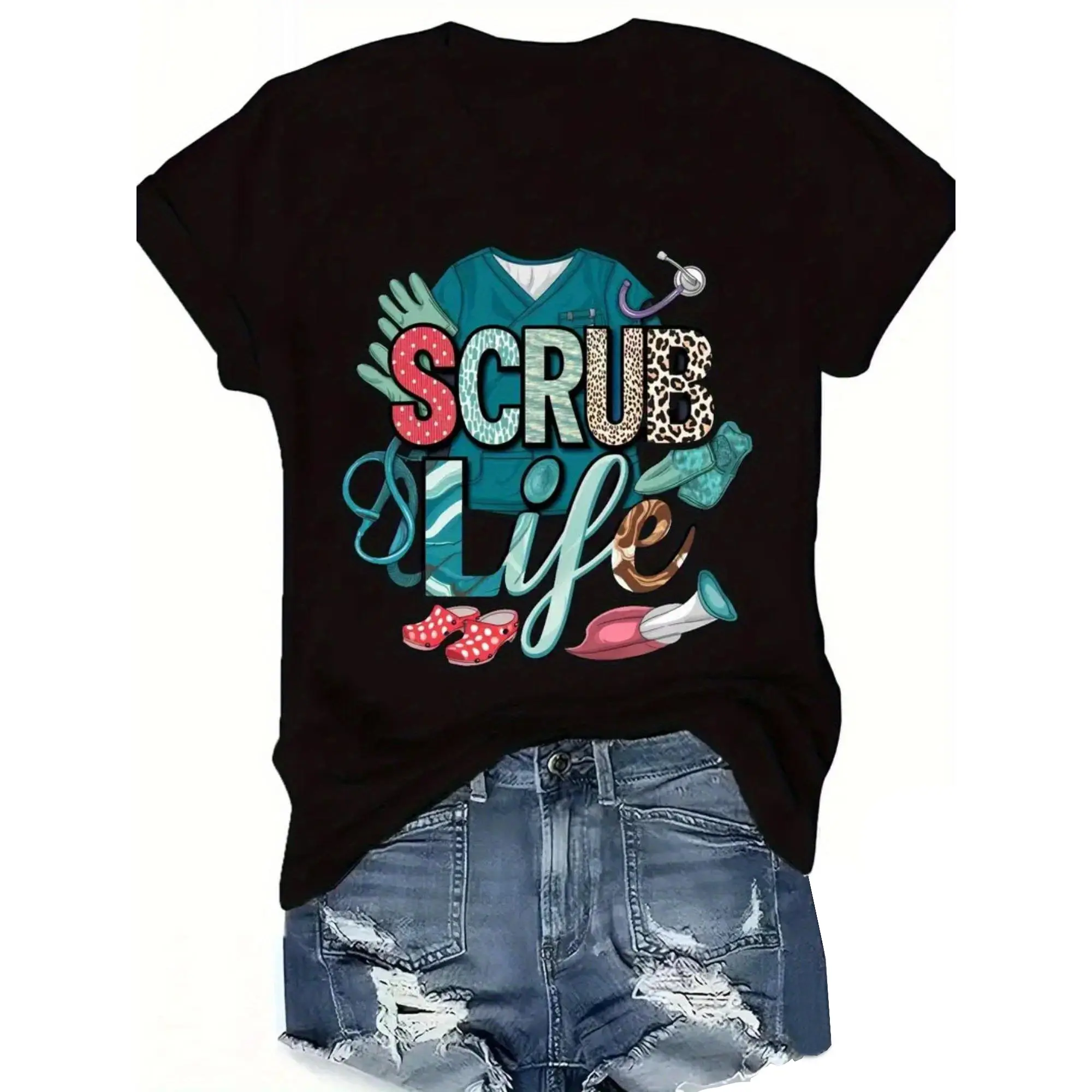 Women's 100% Cotton Fitted Print T-Shirt - Round Neck, Stethoscope Graphic, Comfortable Top for Casual Streetwear, Thanksgiving Outfits, Tshirt, Easter