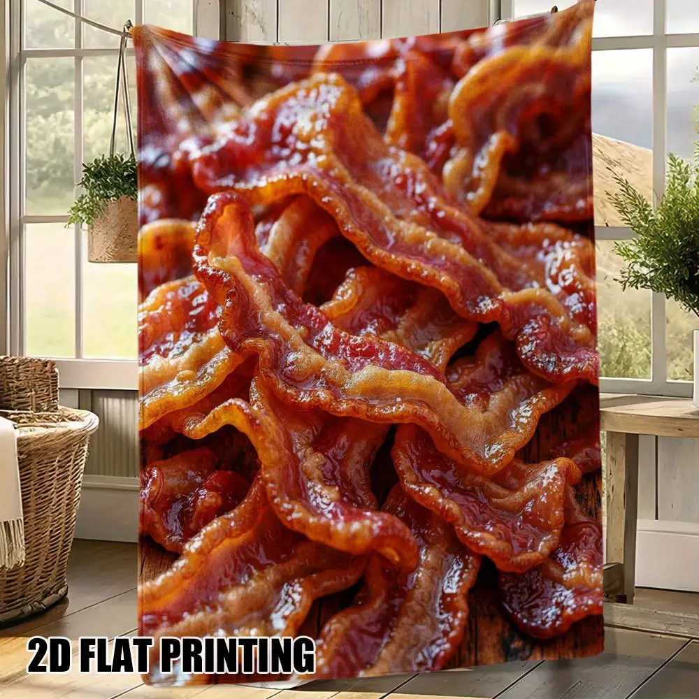 1pc Lightweight Crispy Bacon Delight Printed Flannel Blanket – Plush, Casual & Comfortable for Sofa, Chair, Bed or Outdoor Use in All Seasons