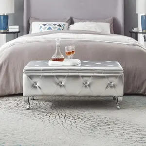 Faux Leather Upholstered Storage Ottoman Bench - Modern End-of-Bed Footrest with Crystal Buttons, Quick Setup, Rectangular Design for Bedroom, Living Room (Silver)