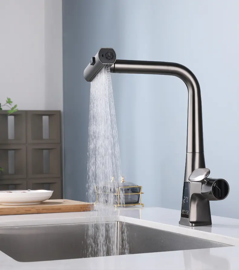 Bronstarz Gray Stainless Steel Pull Out Spray Swivel Brass Technology Kitchen Faucet with LED display
