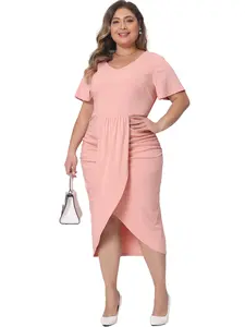 Agnes Orinda Plus Size Dresses for Women Elegant Short Sleeve Wrap V Neck Ruched Slit Bodycon Cocktail Dress