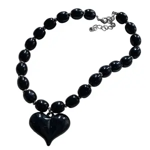 Hip Hop Heart Pendant Necklace Resin Beads Neckchain Versatile Women Accessory