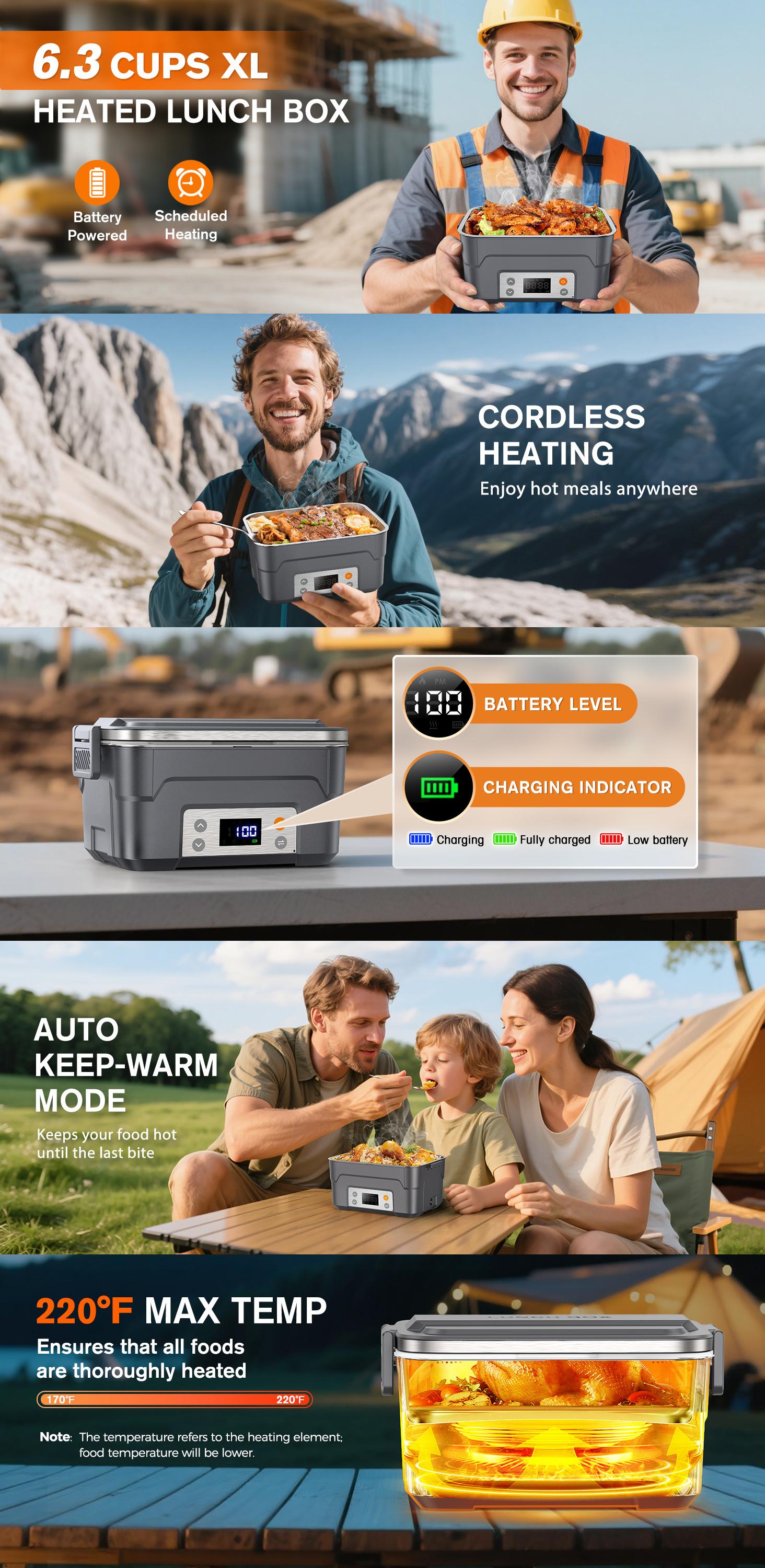 Docusvect Cordless Electric Lunch Box with Mealtime Setting & Daily Memory, 27000mAh Battery Powered Heated Lunch Box for Adults, 6.3 Cups Food Warmer Container, 220°F Rapid Heating & Auto Keep-Warm, Full Kit