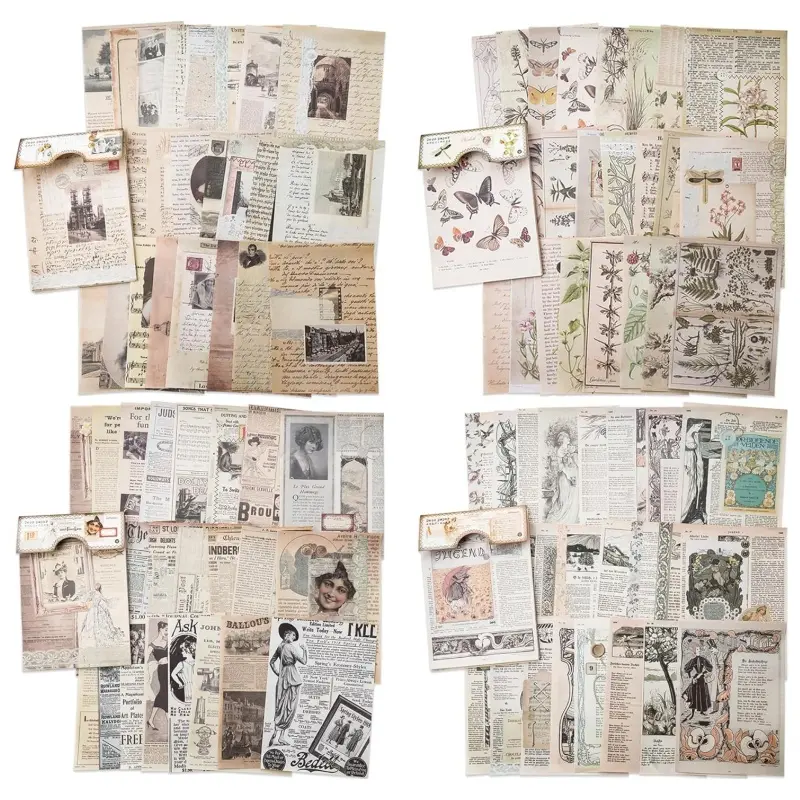 Vintage Texture Scrapbook Paper Set - 96 Thin, Easy-to-Tear Sheets (4 Botanical Print Designs, 24 Sheets Each, 17x12cm/6.7x4.7in) for Scrapbooking, Penpal Letters, Traveller's Notebooks