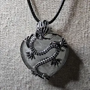 Natural Milky Quartz Crystal Heart Dragon Pendant & Cord Necklace 24" Year of the Dragon