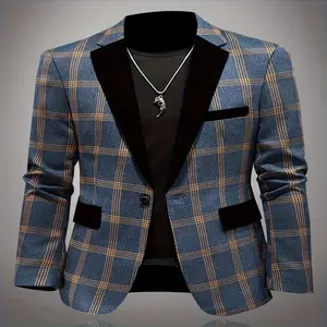 Casual Chic | Men's Stylish Plaid Blazer - Light Blue and Beige, Polyester, Long Sleeve with Pockets, Machine Washable, Ideal for Spring/Fall, Autumn Jacket Slim Fit Structured tuxedo baggy  prom custom  suit