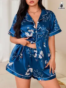 Plus Size Women's Silk-Like Fashionable Home Wear Floral Print Short Sleeve Button Front Top and Shorts Sleepwear Pajama Set, Loose-Fitting, Elegant Style