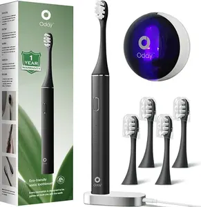 Oday Adult Rechargeable Electric Toothbrush with Wall-Mounted UV-Cleaning Protector Case, 4 Brush Heads, Smartimer, IPX7 Waterproof, 1+ Month Battery, Sleek Aluminum Body