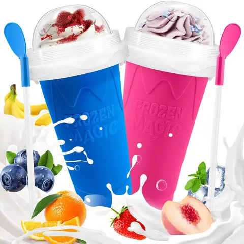 2-Pack Silicone Washable Reusable Slushie Maker Cups with Lids, Straw+Scoop 2-in-1 Utensils, Quick-Frozen Blue & Pink DIY Squeeze Cups, Family-Friendly Ice Cream Utensils for Children, Ideal for Juice & Milk
