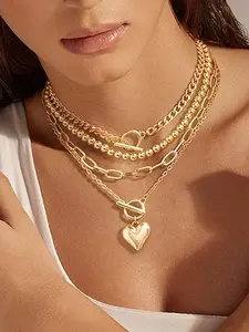 Four-Piece Metal Heart Pendant Necklace Set, Layered Hip-Hop Beaded Necklaces, Boho Style, All Seasons, Women's Fashion Jewelry