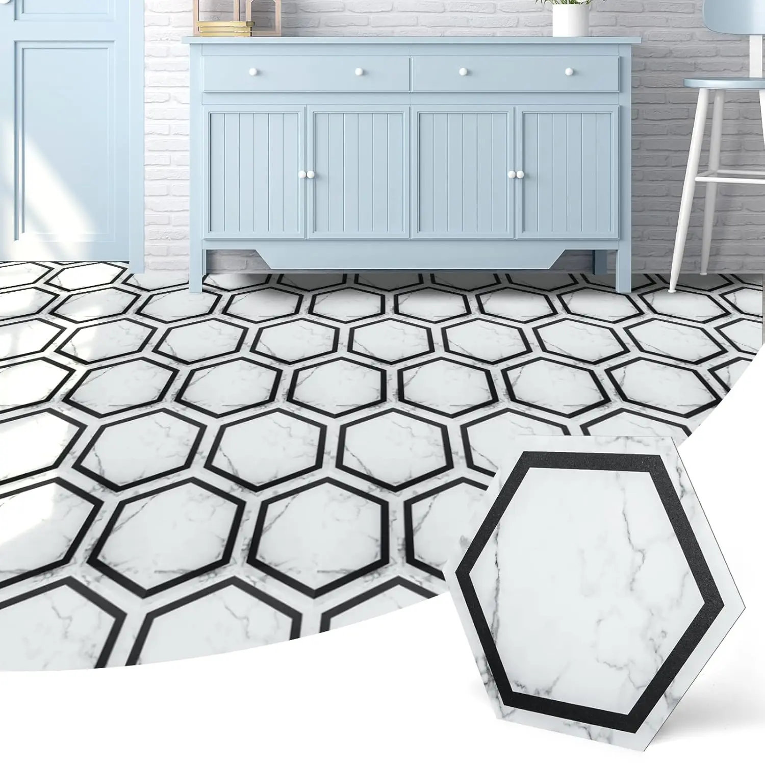 30-Pack Hexagon Peel and Stick Flooring Tile Marble Look, Self Waterproof Vinyl Tile for Living Room Bedroom, 11.8" x 10.2" White Marble.