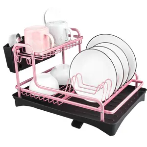 Tomorotec Never Rust Aluminum Dish Rack and Drain Board with Utensil Holder, 2-Tier Kitchen Plate Cup Dish Drying Rack Tray Cutlery Drainer Metal