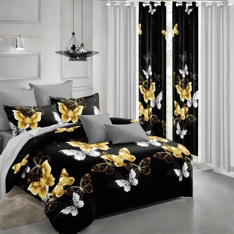 Black Golden Butterfly 9-Piece Bedspread Quilt Set – 2-in-1: Lightweight Quilt in Summer, Cozy Bedspread Year-Round. Includes 2 print + 4 solid curtains + 2 pillowcases | Ultra-soft microfiber, elegant boho print, machine washable