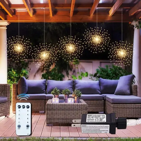 PXBNIUYA 5 Pack 1000LED Plug in Starburst Sphere Lights,Firework Light 8 Modes Dimmable Remote Control Waterproof Hanging Copper Wire Fairy Light for Patio Party Tent Christmas (Warm White)