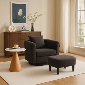 Swivel Accent Chair with Ottoman Set, Modern Chenille Barrel Armchair with Removable Back Pillow & 2 Armrest Covers for Living Room, Bedroom, Office
