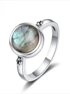 Vintage Round Natural Labradorite Ring for Women Minimalist Elegant Silver Gemstone Rings Engagement Wedding Jewelry Gift Wholesale