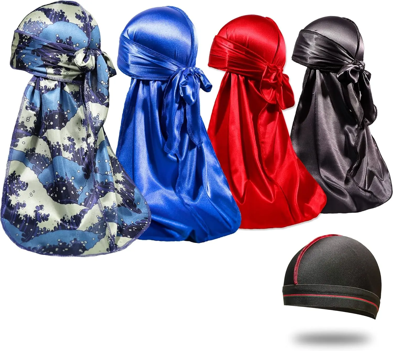 Men's 4PCS Polyester Silky Durags with 1 Wave Cap - Designer Head Scarves, Head Wrap, Comfortable Hair Scarf for Sleeping & 360 Waves