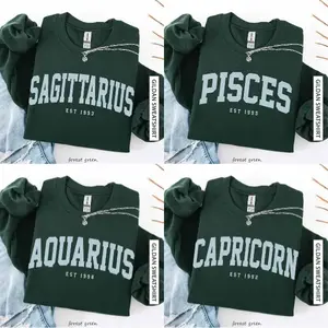 (Leave A Note or DM to Shop) (Ver 3) Custom Zodiac Sweatshirt – Forest Green Color, Custom Year-Est Your Year Astrology Pullover, Cute Horoscope Energy Gift, Unisex Crewneck Sweatshirt, Birthday Zodiac Sign Outfit