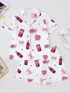 Coca-Cola Theme Pajama Set, Fire Retardant Button Front Shirt & Loose Fit Shorts, Casual Cartoon Print Sleepwear Loungewear