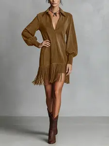 Women's V Neck Long Sleeve Dress, Spring Fringe Design, Straight Tube A-Line Style, Loose Fit, Perfect for Vacation, Playwear and Casual Wear
