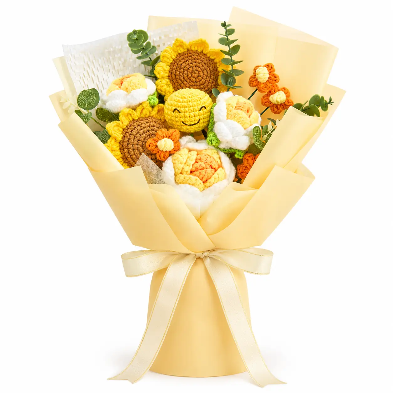 Handmade Crochet Flowers Bouquet Gift for Girlfriend Birthday Wedding Anniversary Just Because with Sunflower Rose Puff Forever Flowers for Her with Greeting Card US Fast Shipping Home Decor Emoji Inspired Cute Gift for Mom