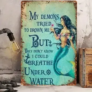 Aluminum Mermaid Metal Wall Decor 8x12 Inch Rustic Vintage Beach Art Nautical Farmhouse Home Bar Wall Decor with Inspirational Quote